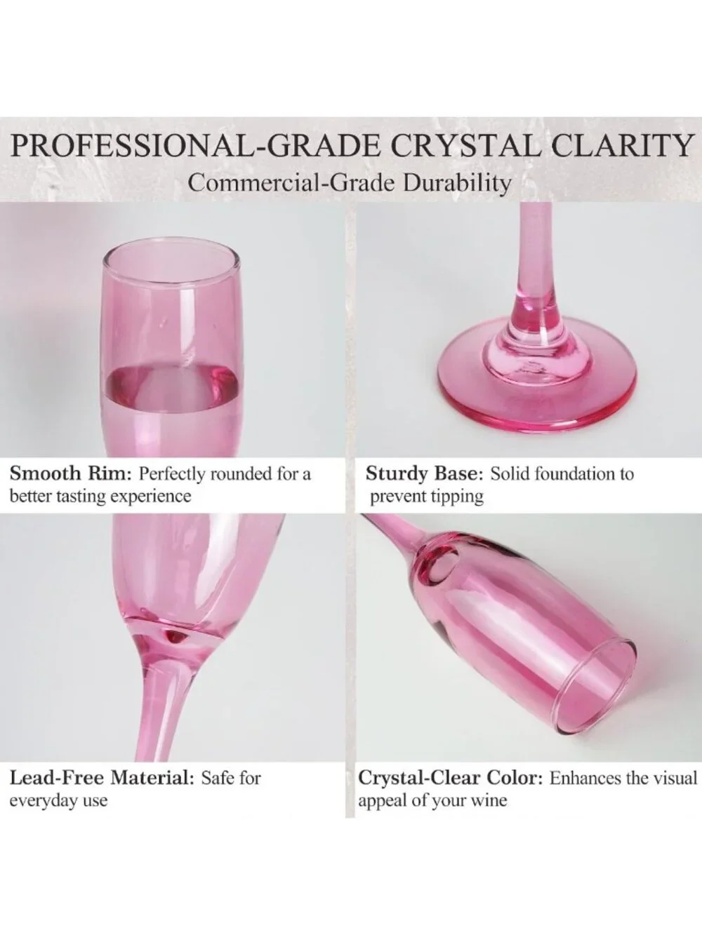 Elegant Pink Champagne Flutes Set of 6 - 6oz Long Stem Glasses for Weddings